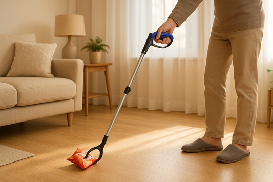 Foldable grabber tool being used to pick up an item indoors