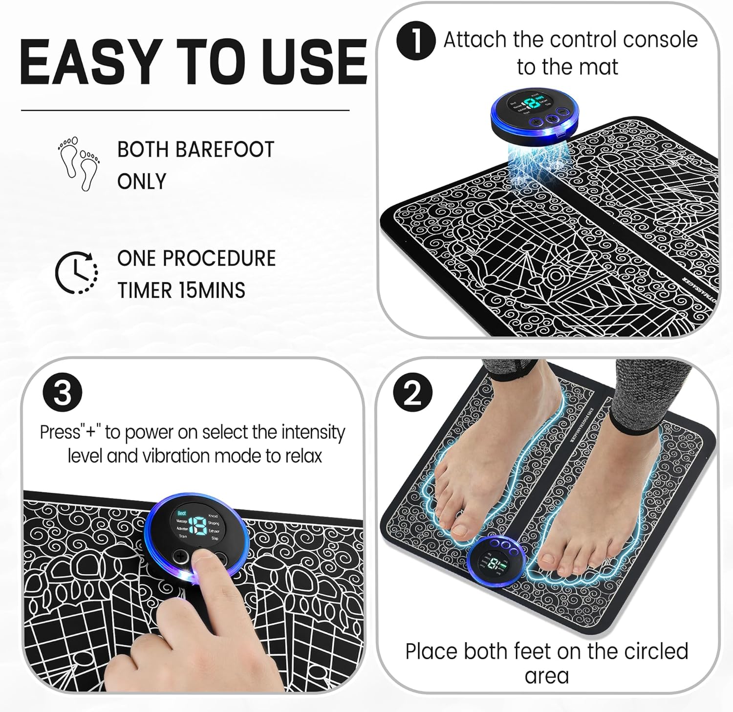 Instructions for using a foot mat with control console on a white background