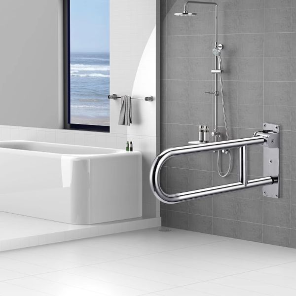 Flip down grab bar for wall-mounted support in bathrooms