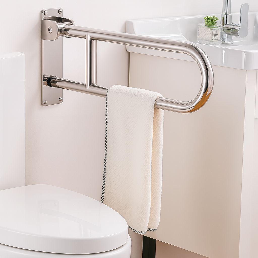 Flip up grab bar for elderly toilet safety and bathroom assistance