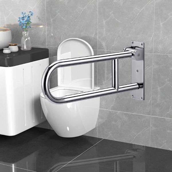 Fold down toilet grab bar with wall-mounted installation