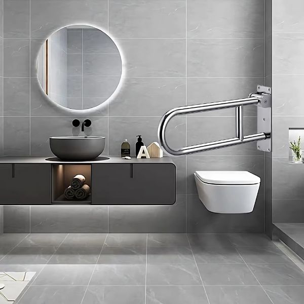 Wall-mounted grab bar for bathroom with flip-up feature