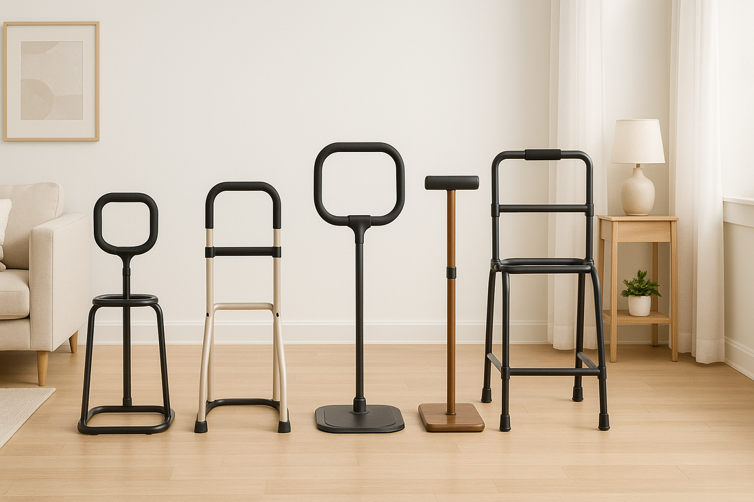 Five standing support aids displayed in a living room setting