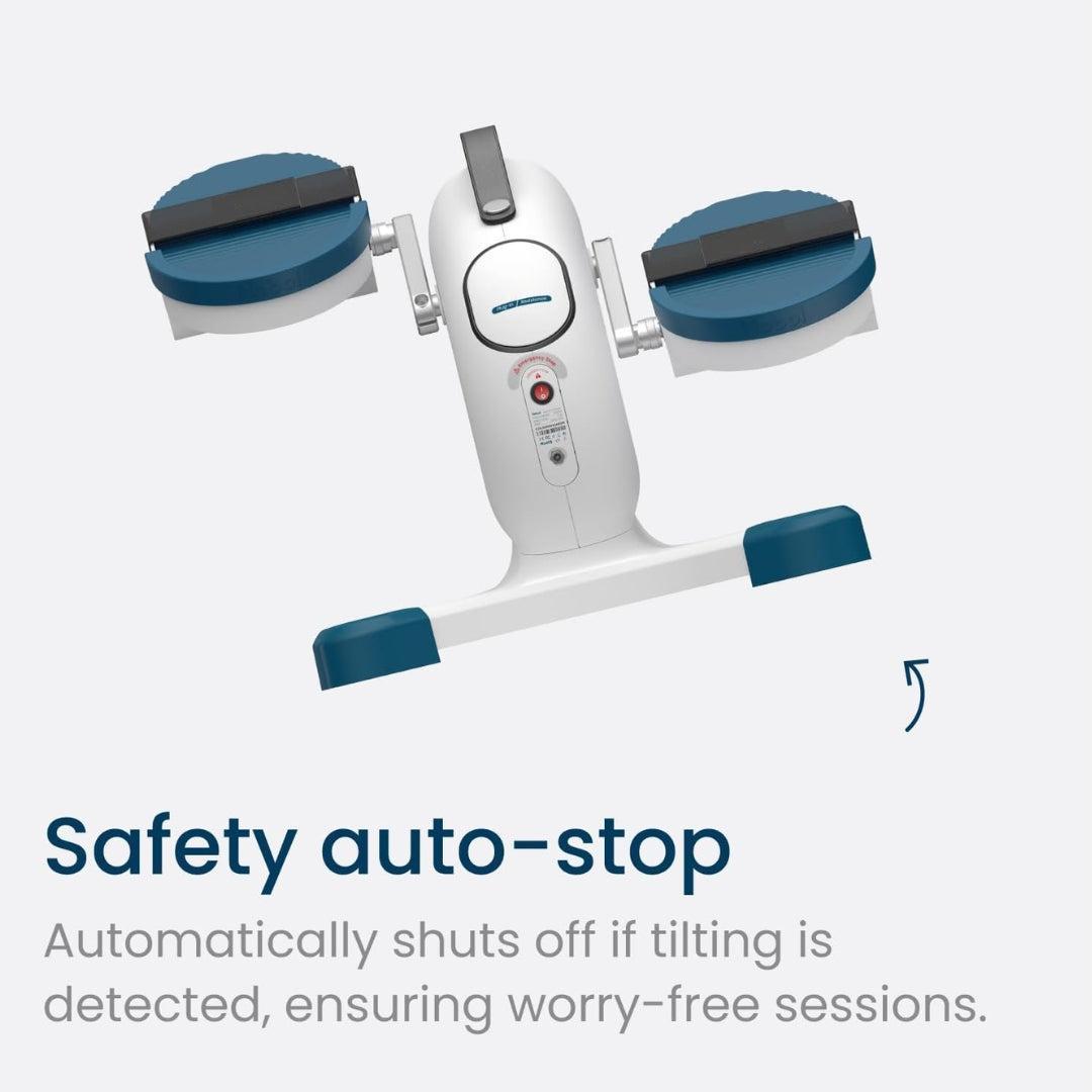 White and blue massage device with safety auto-stop feature on a light gray background