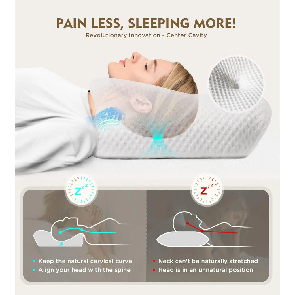Cervical pillow for neck pain with ergonomic contour for comfort