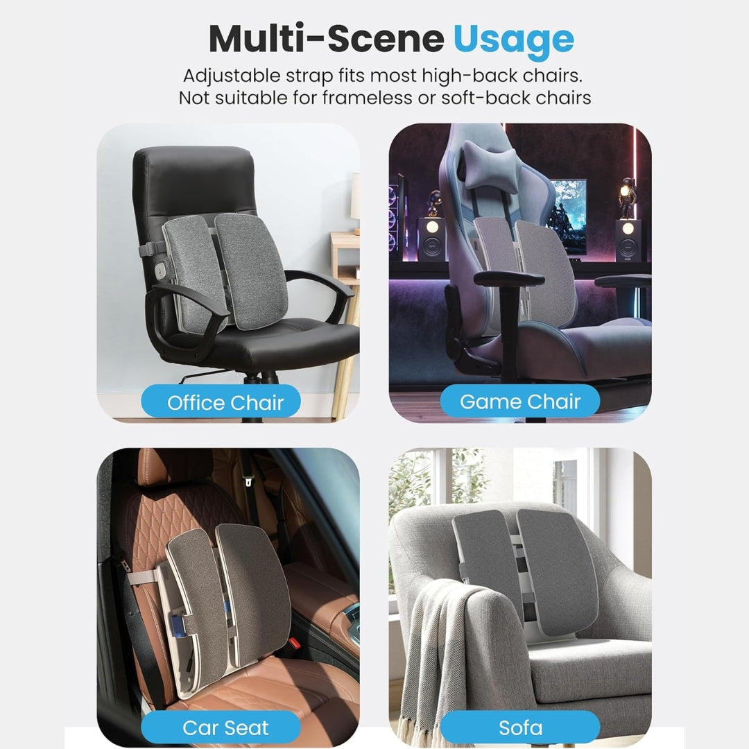 Multifunctional chair strap usage scenarios including office, game, car, and sofa.