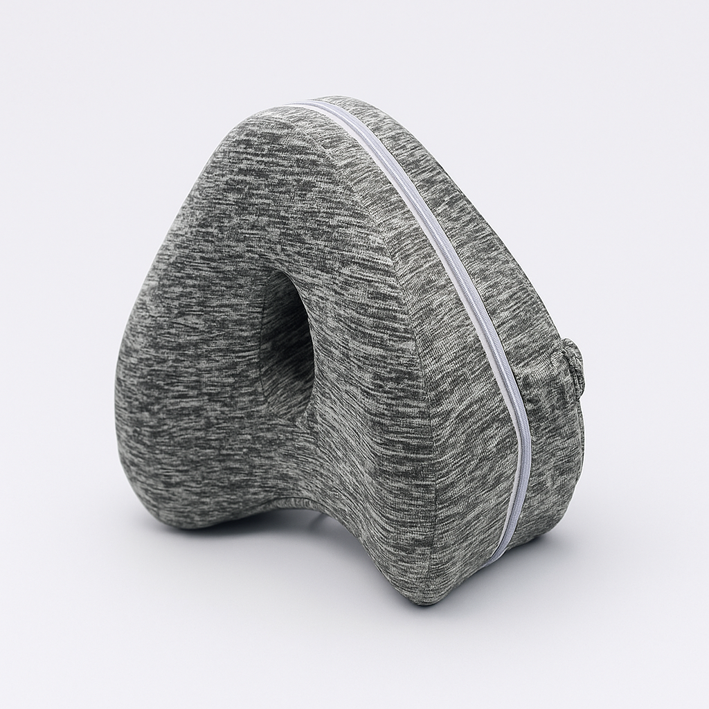 Gray memory foam knee pillow for knee support and pain relief
