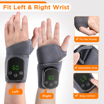Gray wristbands with digital displays on left and right wrists, featuring adjustable straps and easy control buttons.