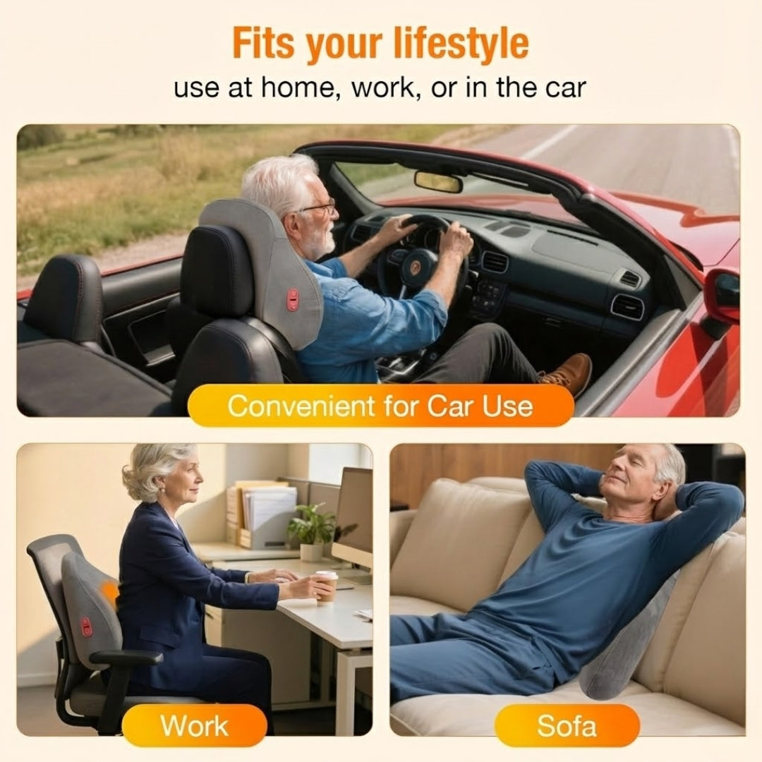 

Compact heated massage cushion for shoulders, waist, and back