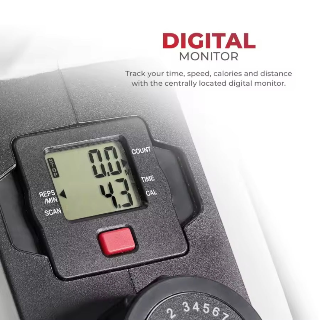 Digital monitor with a focus on tracking time, speed, calories, and distance on a white background.