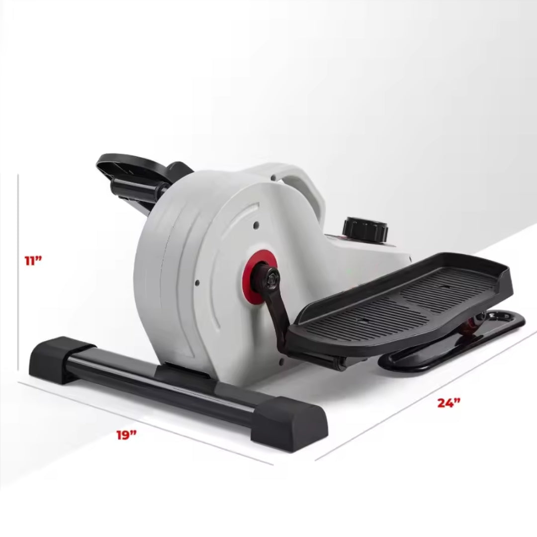 White exercise bike with black components on a white background, showing dimensions.