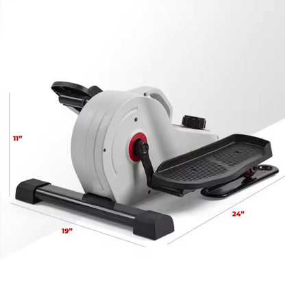 White exercise bike with black components on a white background, showing dimensions.