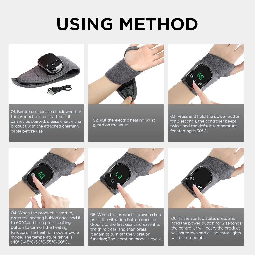 Step-by-step guide on using an electric heating wrist guard with text instructions.