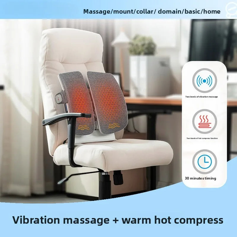 Massage chair with vibration massage and warm hot compress feature in a home office setting.
