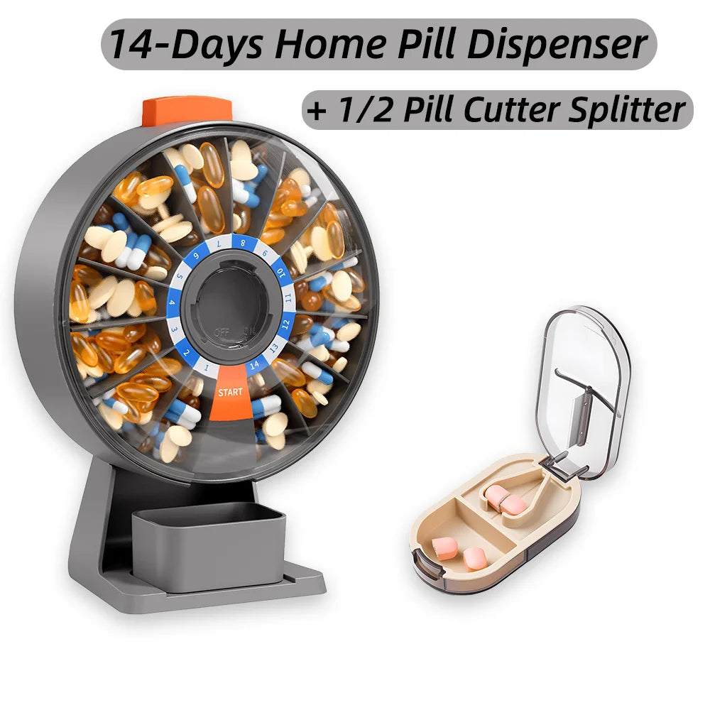 14-Days Home Pill Dispenser + 1/2 Pill Cutter Splitter One Set Sealed Portable Medicine Case Pill Dispenser Daily