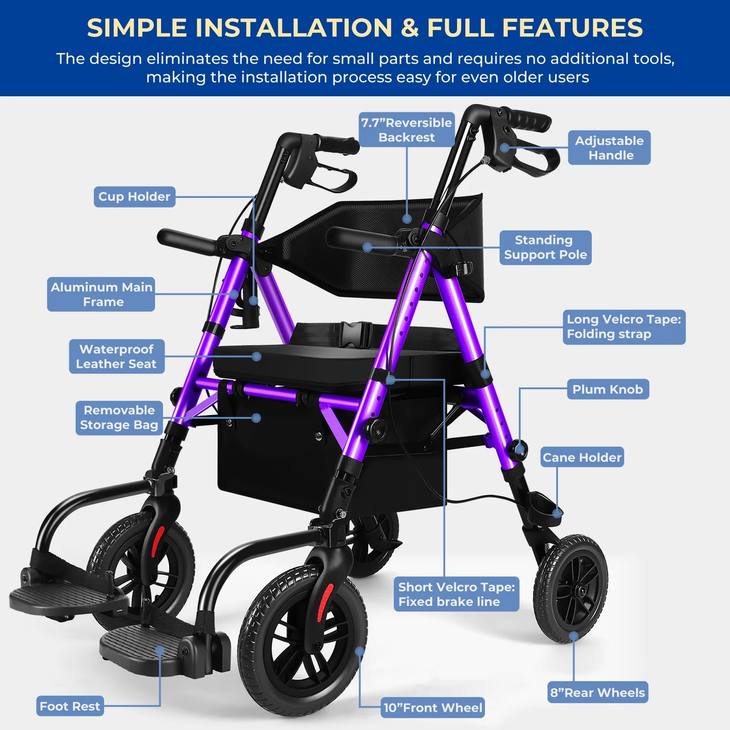 Foldable 2-in-1 Walker Wheelchair Combo with Adjustable Seat