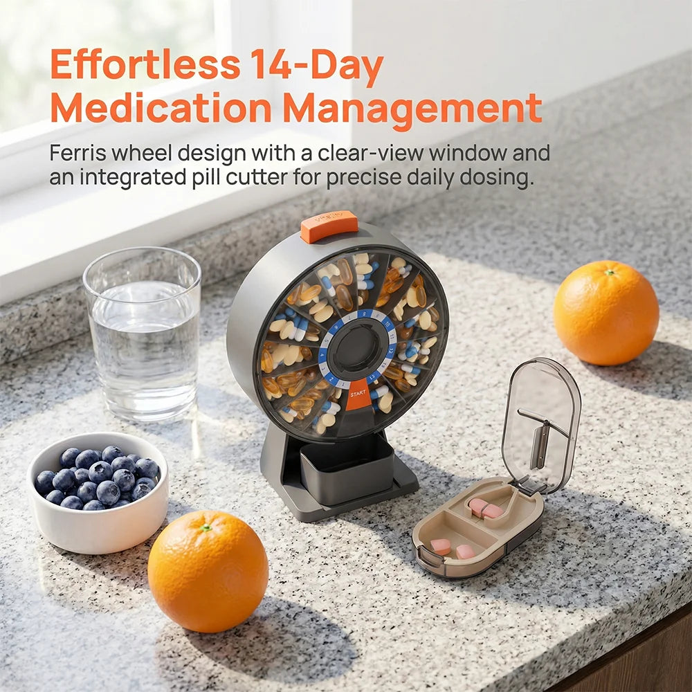 14-Days Home Pill Dispenser + 1/2 Pill Cutter Splitter One Set Sealed Portable Medicine Case Pill Dispenser Daily