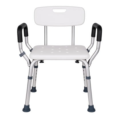Shower seat for elderly with non-slip feet and ergonomic back support