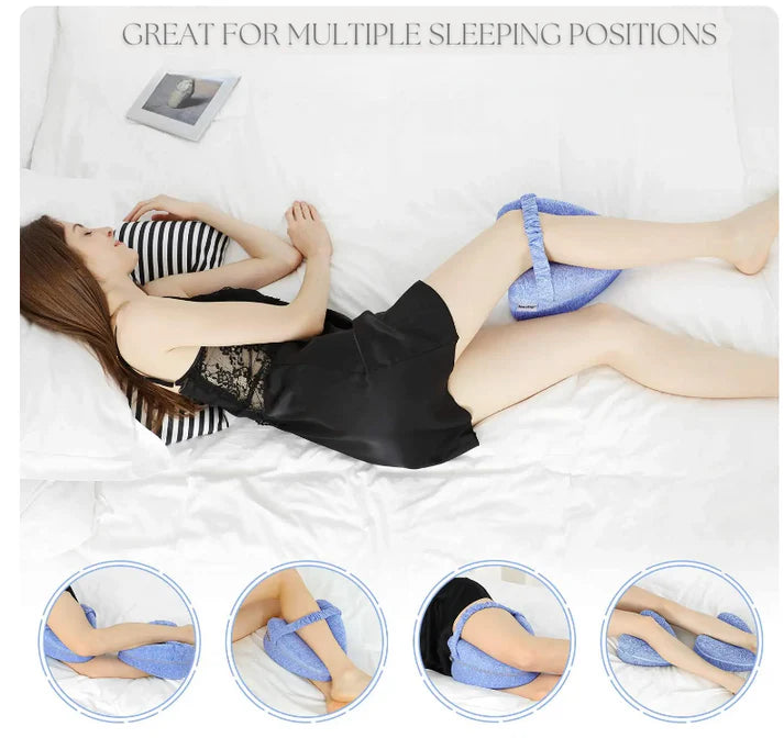 Small knee pillow for side sleepers with adjustable strap for secure fit