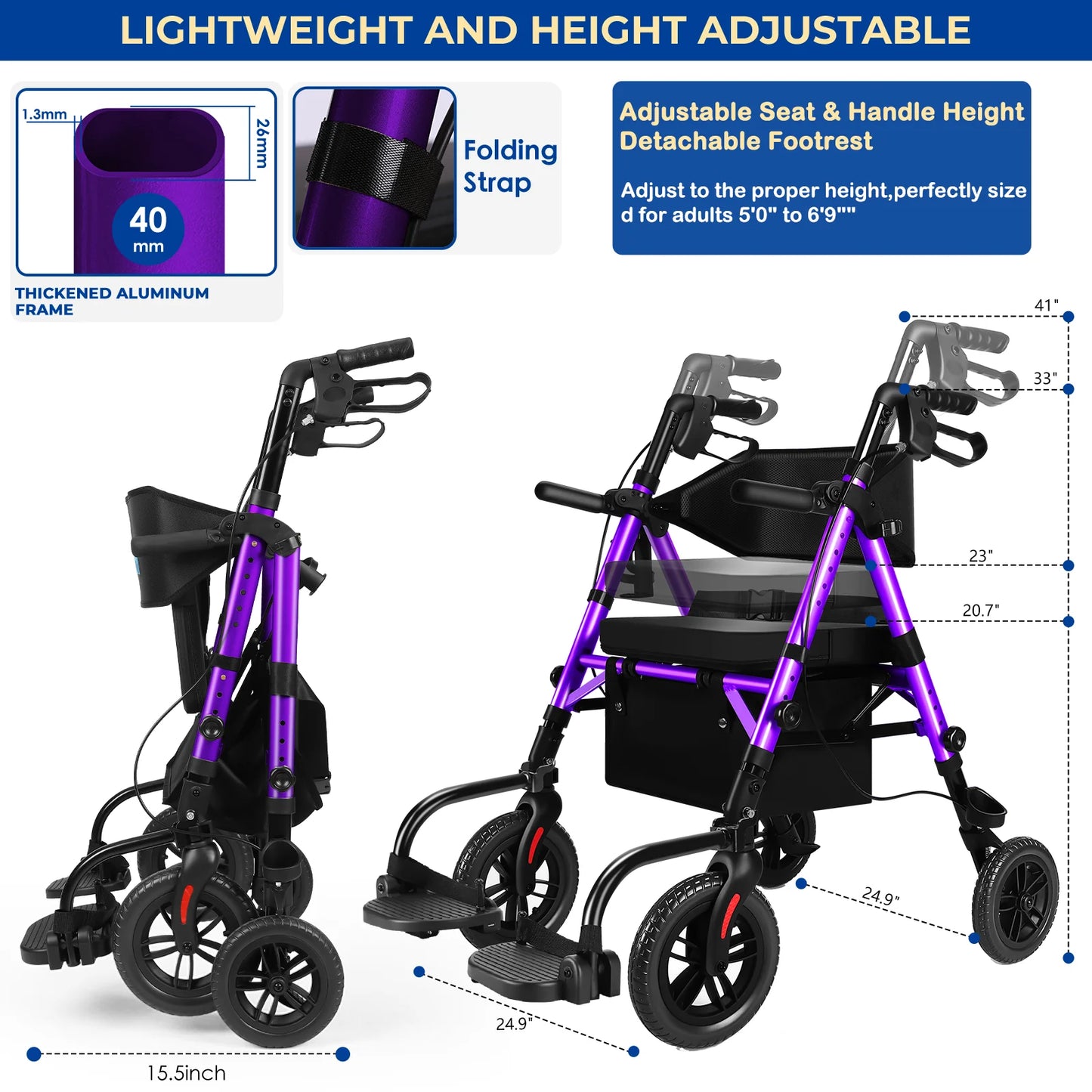 Foldable 2-in-1 Walker Wheelchair Combo with Adjustable Seat